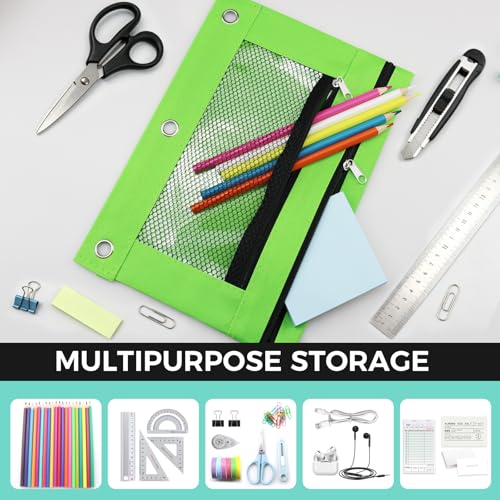 Image of 3 Ring Pencil Pouch for Binder, 2-Pocket Zipper Pencil Case with Clear Window & Mesh Pocket, 600D Oxford Fabric Binder Pouch for School Office Supplies, Fits Standard 3-Ring Binders, Green