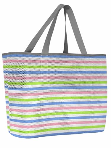Beach Bags Women Mesh Tote Bag Modern Blue Pink Green Straight Line Toy Grocery Pool Bag with Pockets for Travel/Picnic