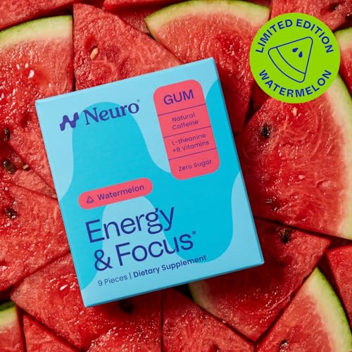 Image of Neuro Energy & Focus Gum - 20mg Natural Caffeine Gum & Nootropic Energy Supplement with L-Theanine & B Vitamins - Sugar Free, Vegan - Watermelon, 54ct
