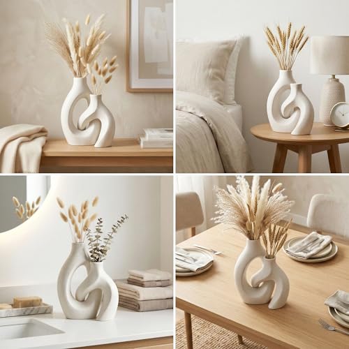 White Ceramic Vase Set of 2, Hollow Oval Flower Vases for Decor, Handmade Nordic Minimalist Ceramic Vase for Pampas Grass, Living Room, Farmhouse & Boho Home Decor, Housewarming Gifts - Image 6