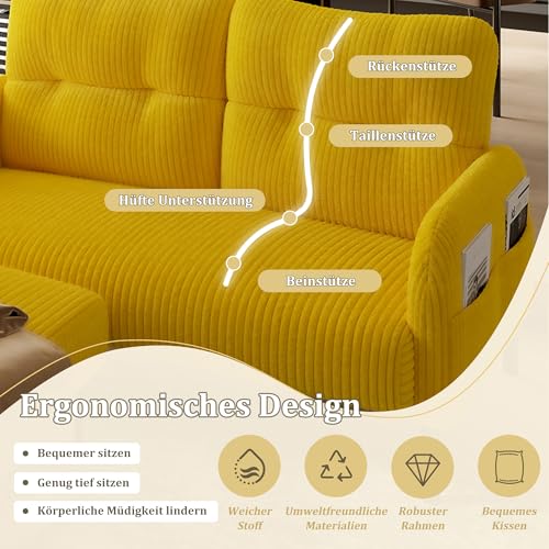 Cord 3er-Set Sessel + Hocker + 2-Sitzer Sofa mit Seitentasche Stahlrohrgestell & extraweiche Rückenlehne Tiefe Sitzfläche Modular kombinierbar für Wohnzimmer, Senfgelb – Bild 4