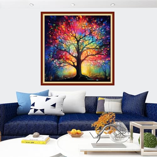 Image of Findvoor Stamped Cross Stitch Kits for Beginners Full Range of Cross Stitching Embroidery Pattern for Adults, 11CT DIY Needlepoint Embroidery Starter Kits-Noctilucent Tree 17.7x17.7 inch