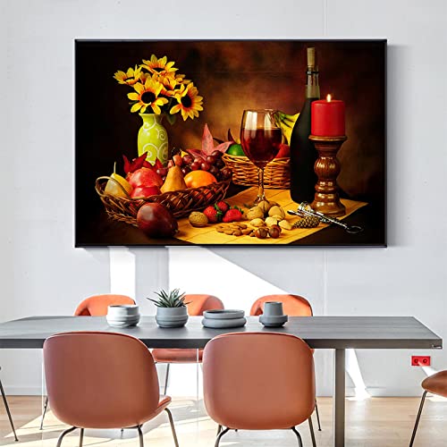 Affiche Nature Morte Vin et Fruits Mur Peinture sur Toile Cuisine 70x100cm Sans Cadre