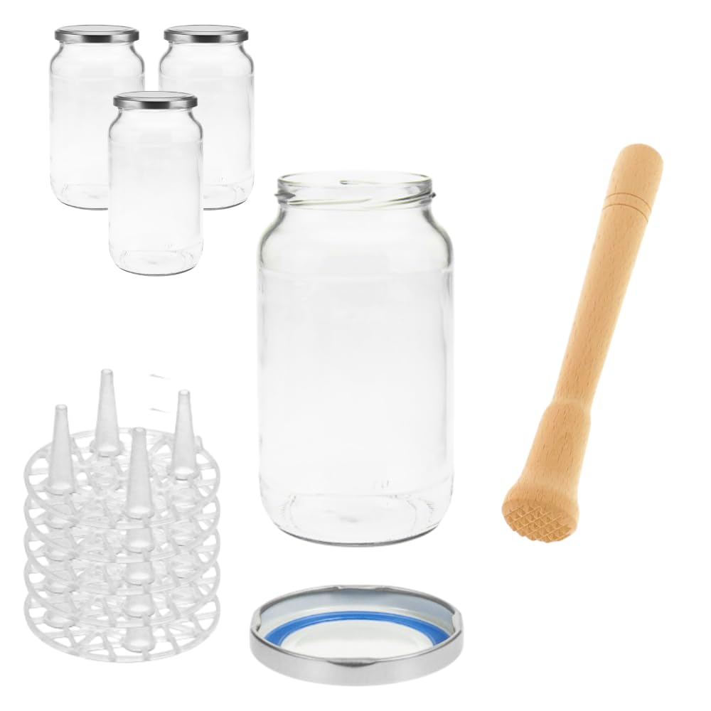 mikken Fermentier Starter Set 4 Fermentiergläser 1062 ml mit Fermentiergewicht, Deckel BPA/PVC frei Holzstampfer und Etiketten