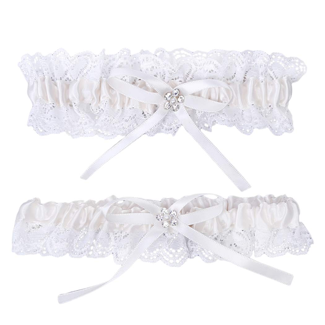 2PCS Womens Garter Set Elastic Bow Garter Leg Ring Lace Garter for Brides(White)-image-1