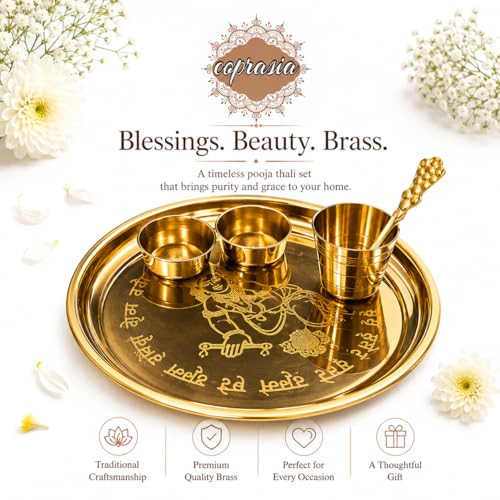 Image of Traditional Brass Puja Thali Set for Mandir & Festivals | Brass Aarti Thali Plate for Bhog, Diya & Pooja Rituals | Ideal for Diwali Navratri Karwa Chauth Home Temple Decor (Set of 5)