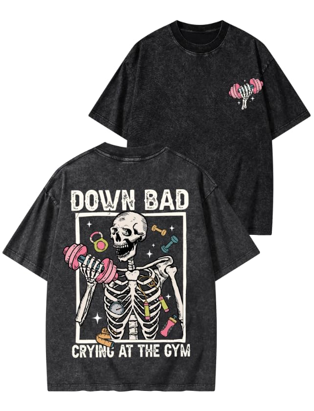 Funny Gym Shirts for Women-Down Bad Crying at The Gym - Novelty and Fun Design Washed Heavyweight Cotton Gym t-Shirt Black