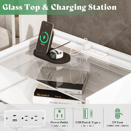 Image of AMERLIFE Nightstand, 23.6 inch End Table with Charging Station, Modern High Gloss Bedside Table with Glass Top, Spacious Drawers & Open Shelf, Easy Assembly, Bedroom Storage, White