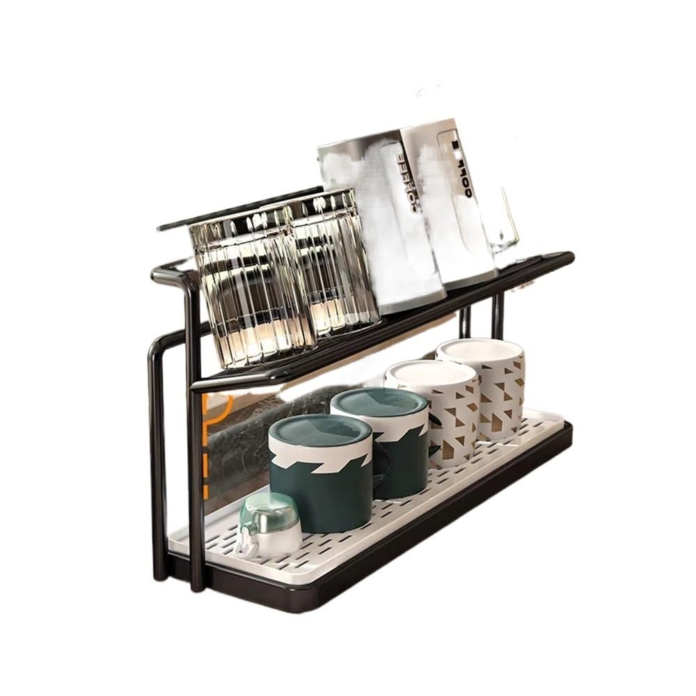 Jobaojiang Stainless Steel 2-Tier Bottle Drying Rack With Drain Tray - Space Saving Kitchen Cup Storage Rack For Mugs, Jugs And Accessories(Black 1pcs)