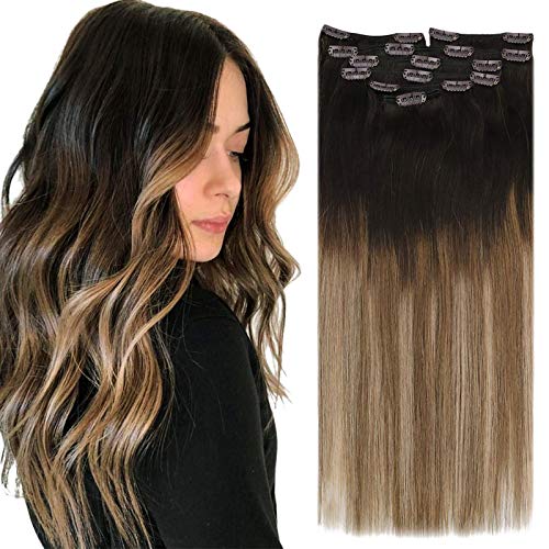 Sunny Brown Balayage Human Hair Clip in Extensions 18 inch Ombre Balayage Darkest Brown to Medium Brown Mixed Ash Blonde Double Weft Real Hair Clip in 7pcs 100g