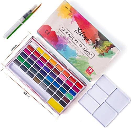 Juego de pintura de acuarela, 48 colores surtidos de alta calidad en caja con pincel de agua y esponja, perfecto para artistas, niños, principiantes, artistas, pintura, bocetos e ilustración 3