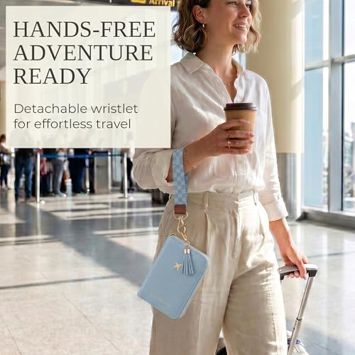 Image of Stylish Passport Holder for Travel with Detachable Wristlet Strap, Blue, 6.4 x 4.6 x 0.7 inches, Modern | All-in-one Travel Wallet Organizer for Women - Secure Money Belt Alternative with Card Slots and Tassel Keychain