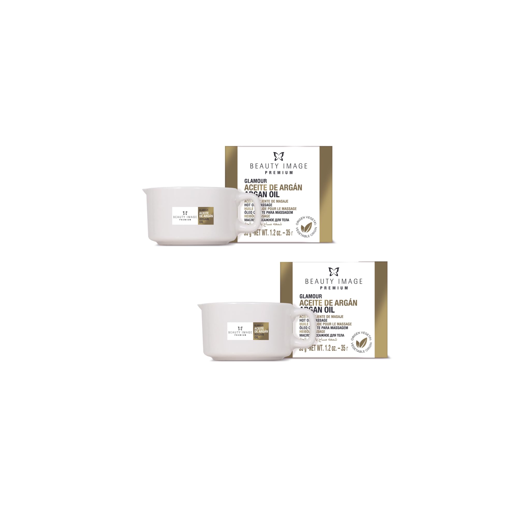 BEAUTY IMAGE Pack de 2 Velas de Masaje - Color Dorado Brillante Glamour - Con Aceite de Argán. De 2 a 3 Masajes de Cuerpo Entero cada Vela. Aceite Caliente para Masaje Profesional.