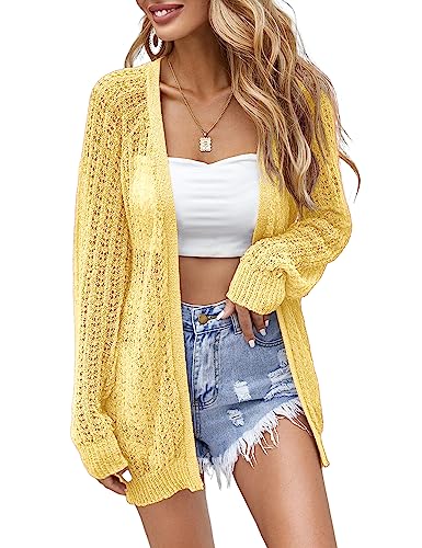 XuBa Chaqueta de punto para mujer, de verano, ligera, fina, de ganchillo, de manga larga, cubierta, amarillo, L