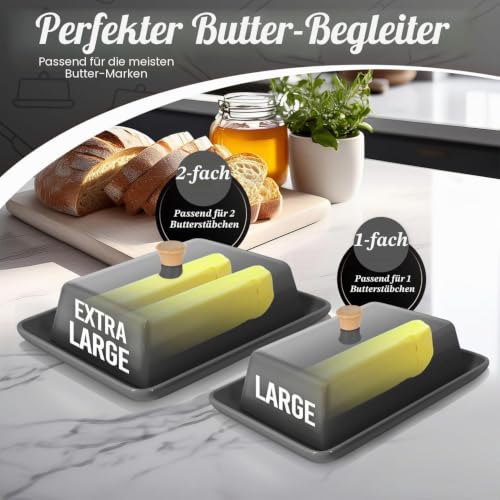 Flexzion Keramische Grau europäische Butterdose mit Deckel für die Arbeitsplatte (20,3 cm) – breite Doppel-Butterdose für 2 Stangen… – Ansicht 3