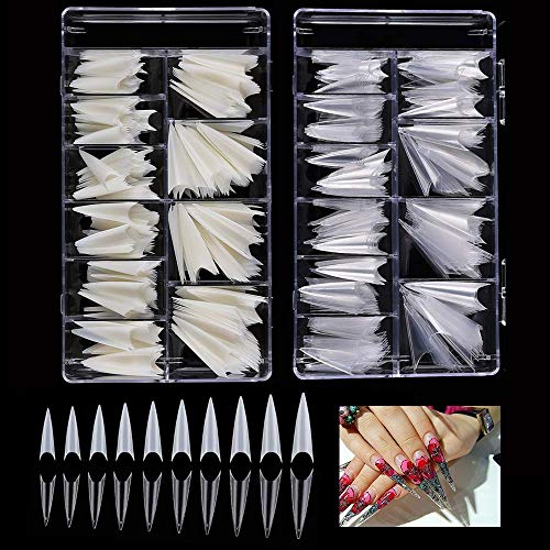 Buqikma 1000Pcs Stiletto Nail Long Clear and Natural Acrylic False Tips Artificial Nail tips Press on Fake Nails for Women with Box (Clear + Natural)