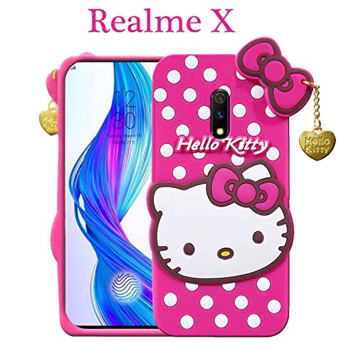 Image of Unirock Hello Kitty Back Case Cover for Realme X| 3D Cute Hello Kitty Case |Soft Silicone Rubber Back Cover with Pendant Kitty Cover for Realme X (Pink)