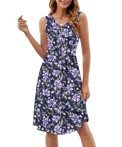 Image of KUOTAI Womens Summer Dresses Sleeveless Casual Loose Swing Button Down Midi Dress V-Neck Flowy A-Line Sundress