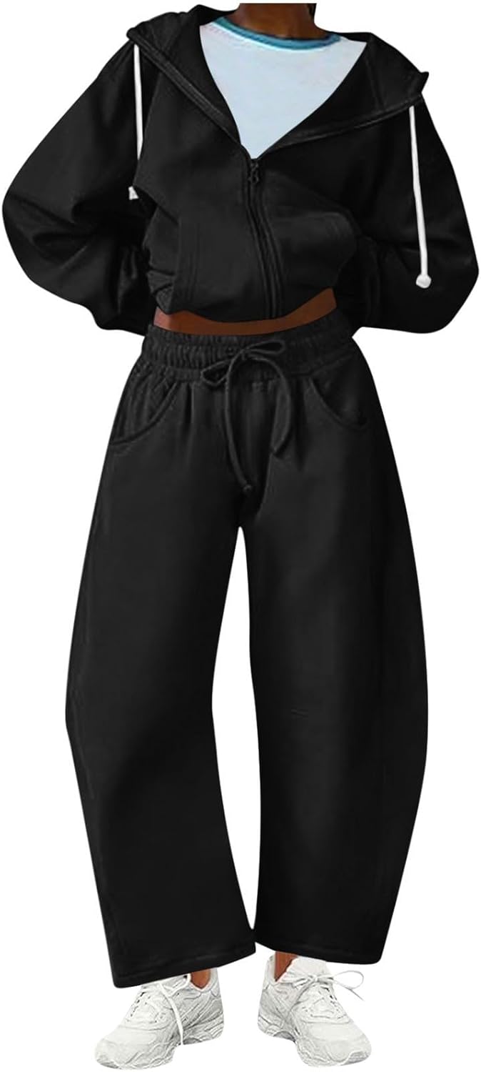 TANGNADE Two Piece Workout Sets for Women Sweatsuits Outfits Long Sleeve Zip Up Hooded Jacket and Barrel Leg Sweatpant