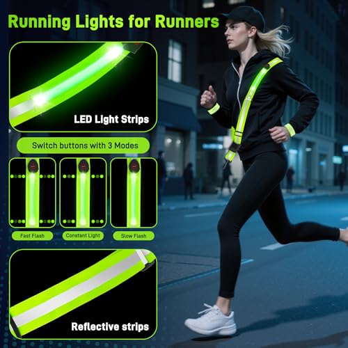 Starvortex Leuchtband Joggen mit Reflektoren Gürtel, Hochsichtbare Nacht Sicherheitslicht Laufgürtel, LED Lauflicht mit 2er Reflektierende Sicherheits Armband, Wiederaufladbare Verstellbarer Lauflicht