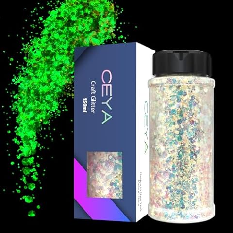 Ceya Glow in The Dark Glitter, 2.8oz/ 80g White Luminous Chunky Glitter Mix Fine Powder Flakes Fluorescent Nail Sequins for Epoxy Resin, Tumblers, Halloween Party, Festival Decor Cover