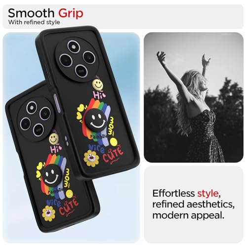 Image of Pikkme Back Cover for Redmi A4 5G / Redmi 14C 5G / Poco C75 5G | Soft Silicone| Cute Rainbow Smile & 3D Cartoon Flower Design | Shockproof Raised Camera Protection Bumper Case (Black)