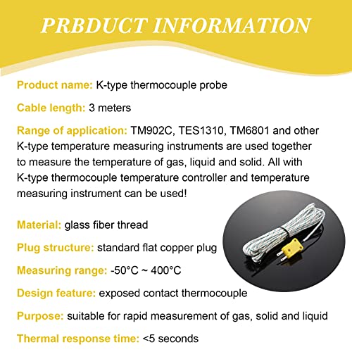 3 Meters K Type Mini-Connector Thermocouple Temperature Probe Sensor Temperature Sensing Line K Type Thermocouple Wire Measure Range -50 To 400 Celsius, Compatible With Tm902C/ Tes1310 (30 Pieces) #TOP4