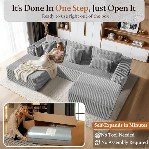 Image of Cloud Modular Sectional Sofa Couch, Boneless Couch, Deep Seat for Living Room, No Assembly, Minimalist Modular Sofa, Corduroy (Light Grey, 2 Seater + Left Facing Chaise + Ottoman)