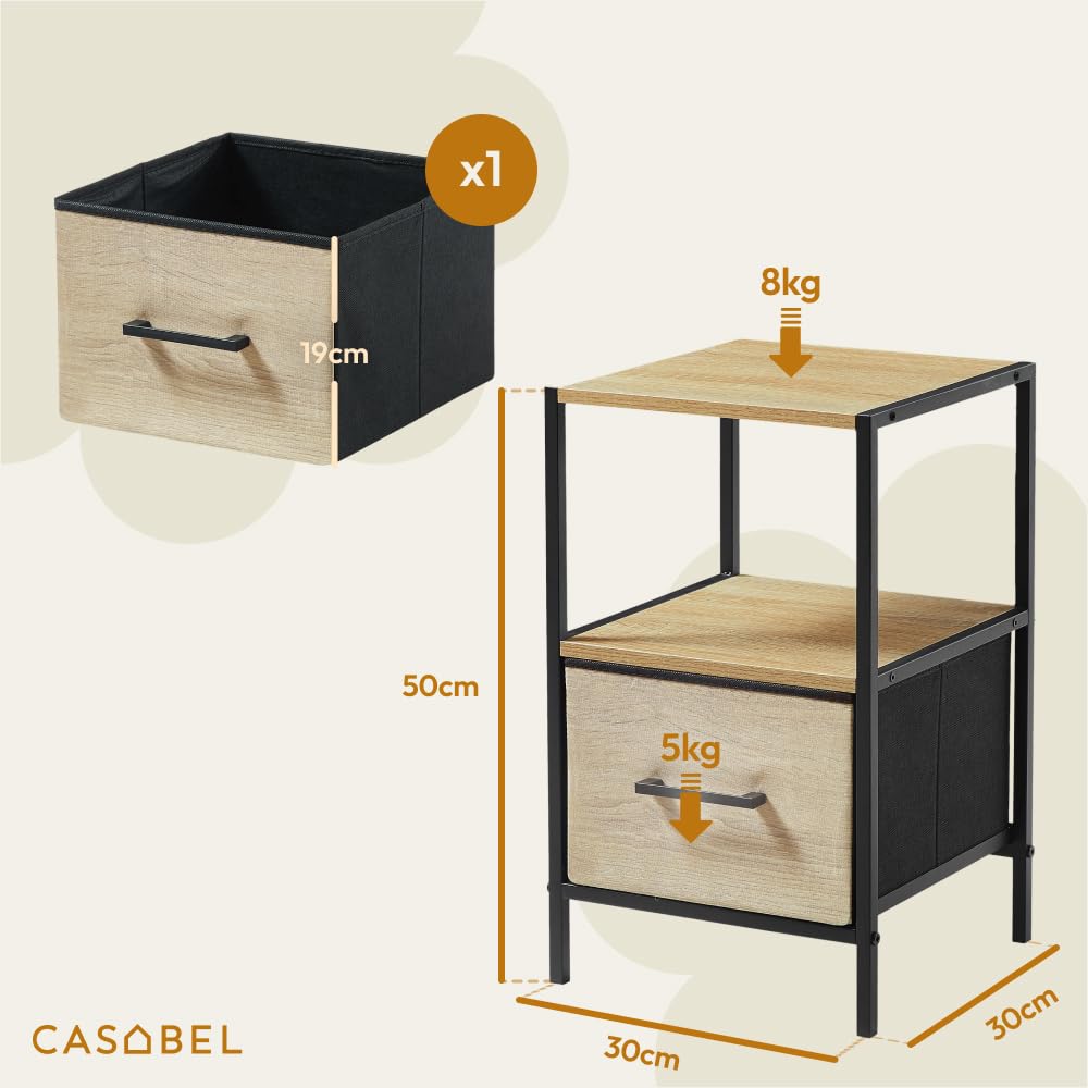 CASABEL Mesita de Noche con cajón de Tela rígida Efecto Madera, Tablero de Madera y Estructura metálica Negra 30x30x50 cm, mesilla de Noche para Dormitorio o Mesa Auxiliar de sofá