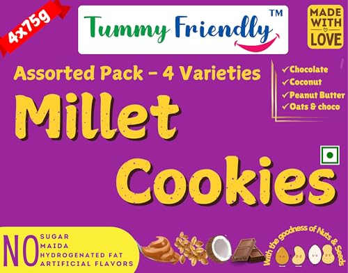Image of TummyFriendly Foods Millet Cookies for Kids Adults. Millet Healthy Biscuits, Ragi and Jaggery. Healthy Snacks for kids Babies 1 Year Old. Gift the Best Healthy Cookies - Assorted - 4x75 (300g)
