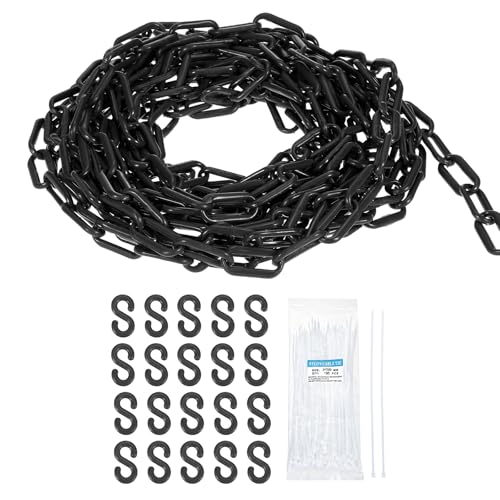sourcing map Plastic Chain 100 FT/30.5 M, Safety Chain Black Plastic Chain Link Barrier with Zip Ties and S-Hooks for Crowd Control Queue Line Fence Decoration