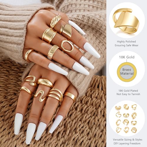 17 MILE Chunky Gold Stackable Rings for Women Non Tarnish, 18K Gold-Plated Statement Open Stacking Rings, Knuckle Band Ring Set4