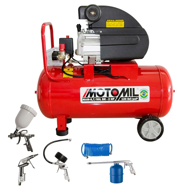 Motocompressor de Ar Motomil 8,7PCM 50 Litros com Motor 2HP MAM 8,7/50L Monofásico (220V) + Kit de Acessórios com 5 Peças