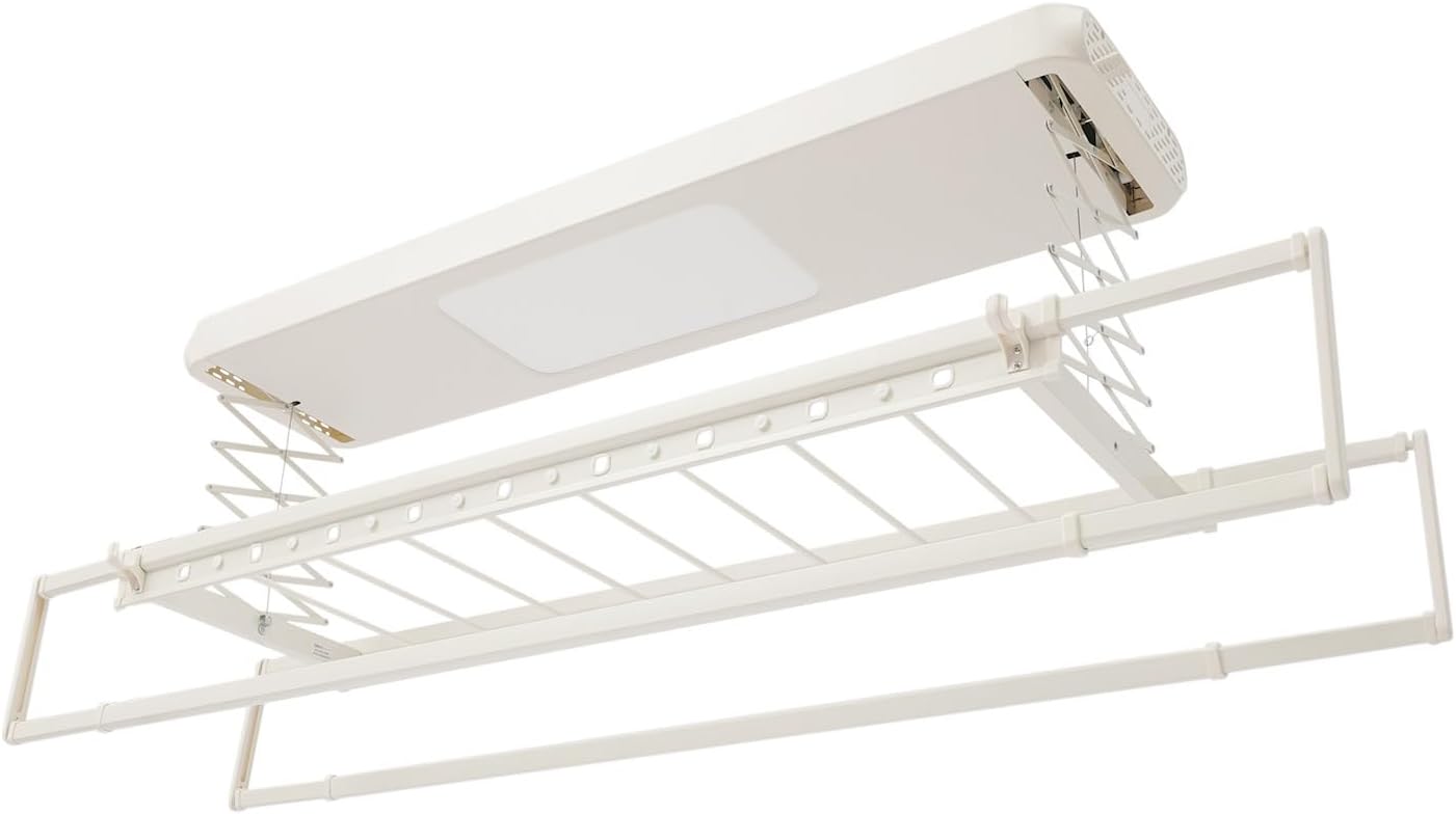 Electric Wall and Ceiling Clothesline, 8 Rod Retractable Drying Rack with Lighting, Foldable Laundry Hanger for Indoor Home, Apartments, Space Saving, Off-White