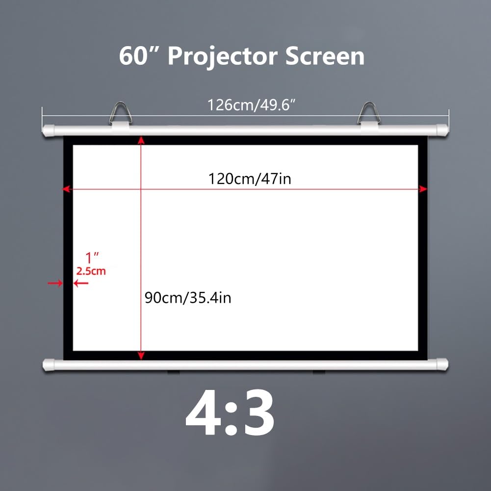 Ręcznie zwijany ekran projekcyjny o przekątnej 60–100 cali, przenośny ekran projektora 4:3 HD 4K do kina domowego, biura, imprez, montażu na ścianie(60 inch 4:3)