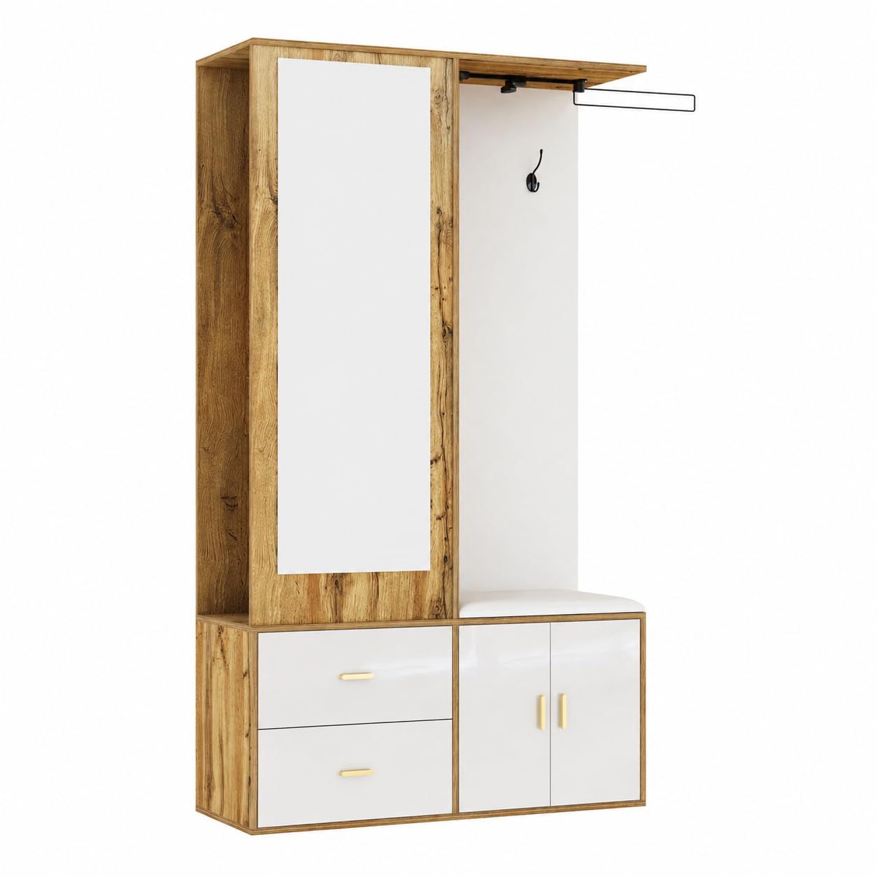 Ensemble d'armoire de Couloir - Miroir, Banc à Chaussures et Tringle à vêtements Extensible - Ensemble Moderne et Peu encombrant - en Bois Blanc