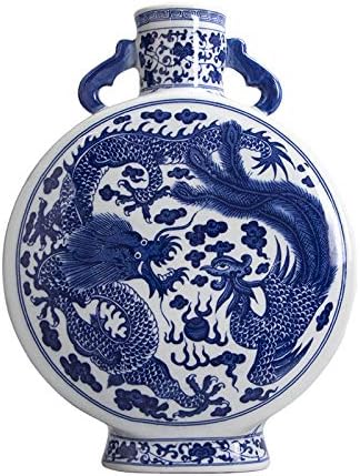 estinko Jingdezhen Blue and White Ceramic Porcelain Double Ears Round Home Decor Vase Dragon and Phoenix Traditional Chinese Vase