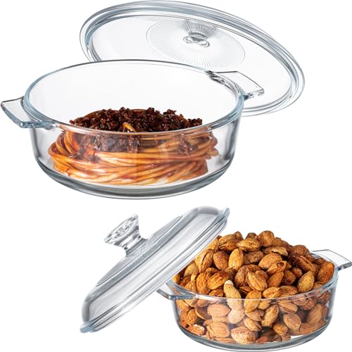 Maxcheck 2 Pieces Glass Casserole Dish with Lid 0.8L/ 1.7L Baking Casserole Dish Covered Cookware Microwave Bowls with Handle for Kitchen Restaurant Home Party Cooking, Oven Safe (Round)