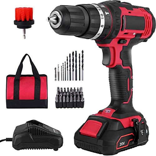 Cordless Drill 20V, Electric Power Drill Drivers Set 1/2'' Keyless Metal Chuck, 2.0AH Lithium-ion Battery & Fast Charger, 2 Variable Speed,350 In-lb Torque, 16+3 Stage Settings & 42 pcs Drill Bits (A)