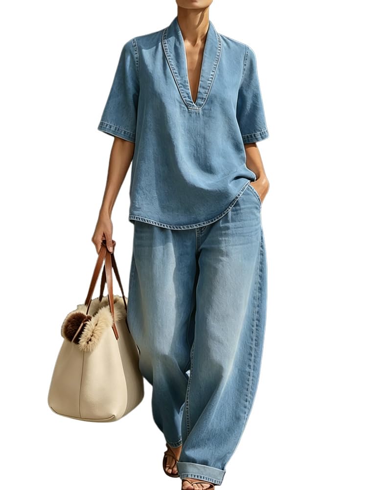ORANDESIGNE Ensemble Jeans Femme 2 Pieces Chic et Elegant Été Tenue Haut Manches Courtes + Jean Pantalon Costume Tailleur