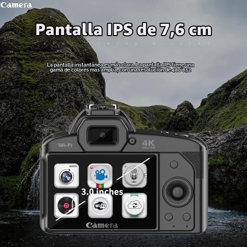 Cámara Digital 4K 64MP, Cámara Digital de Visión Nocturna, Pantalla a Color IPS de 3 Pulgadas, WiFi, Zoom Digital 16X, Gran Angular de 120 Grados, Luz de Relleno, Lente Macro,