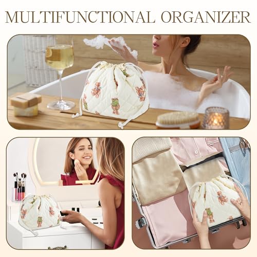 Quilted Makeup Bag for Women, Coquette Aesthetic Cosmetic Bag, Cute Travel Toiletry Bag, Cotton Drawstring Pouch for Women and Girls4