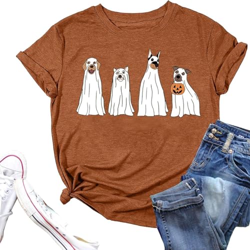 Camiseta para mujer con divertidos perros en disfraces de Halloween - Divertida parte superior con diseño de perro fantasma | Bonita camiseta para mascotas para amantes de los perros y otoño, Estilo