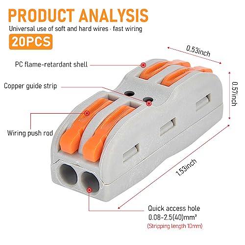 Image of Serplex 20Pcs Wire Connector Kit 2 Circuit Inline Splices Cable Connector With Control Lever Compact Splicing Wire Jointer Cable Conductor Clamp Wire Connector Jointer Conductor For 28-12 Awg