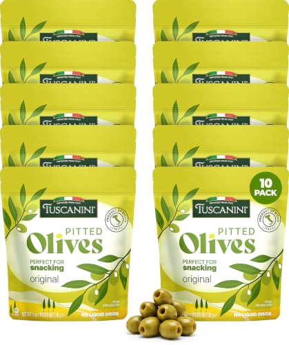 Tuscanini Italian Pitted Snack Olives, 1 oz (10 Pack) | Olive Pouches for Snacking | No Oil | Gluten Free, Vegan | Pitted Olives | Great Travel or Office Snacks | Kosher