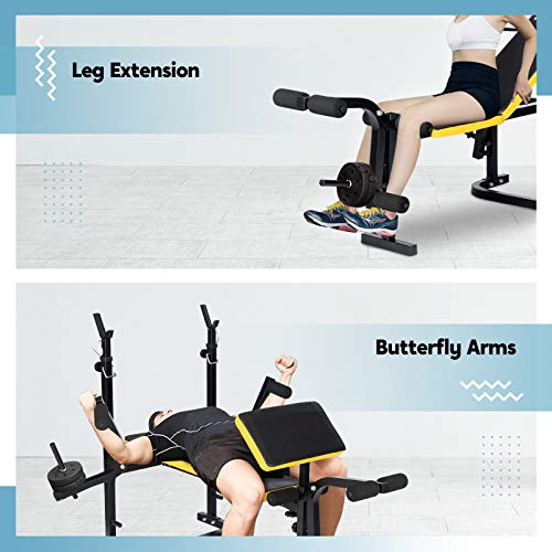 Adjustable Weight Bench with Squat Rack, Doufit WB-04 Foldable Workout Bench with Leg Extension and Preacher Curl for Full-Body Exercise and Strength Training, Weight Lifting Bench Press for Home Gym