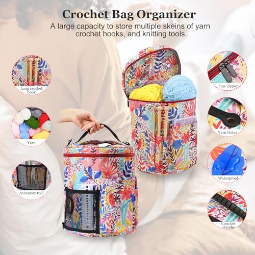 Image of Crochet Bag Organizer with Yarn Feeding Slots - Large Knitting Bag for Yarn Storage, Waterproof Travel Tote with Adjustable Strap, Gift for Crochet Lovers & Knitters