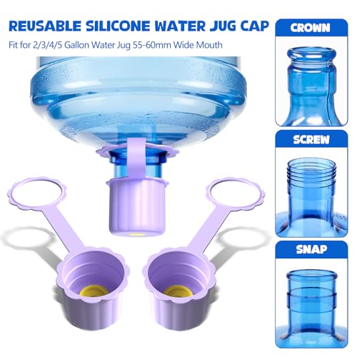 3 & 5 Gallon Water Jug Cap Reusable, 3 Packs Silicone Replacement Bottle Lids for 55mm & 60mm Snap/Screw/Crown Top Water Bottle and Water Dispensers, Leak-Proof, Anti-Loss (Purple) — view 2