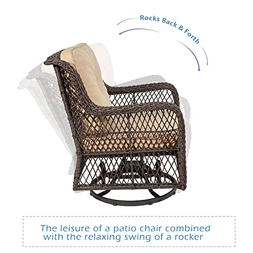Outdoor Bistro Set 3 Pieces, Outdoor Resin Wicker Swivel Rocker Patio Chair, 360-Degree Swivel Rocking Chairs And Tempered Glass Top Side Coffee Table, Outdoor Rattan Conversation Sets (Khaki) #TOP3