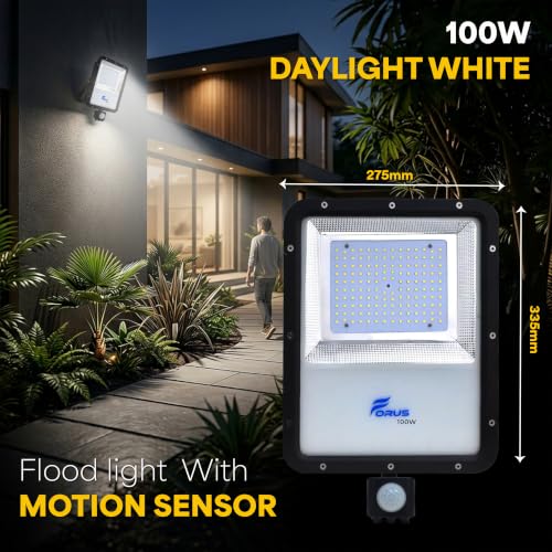 Image of Forus 100W LED Flood Light Daylight White with Motion Sensor Auto On Off Day Night Mode Waterproof Outdoor Security Light for Garden Parking Garage Factory Shop High Bright Floodlight 4Yr Warranty-1Pc